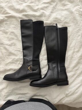 Cole Haan Black Over-the-Knee Riding Boots with Knit Back and Gold Buckle
